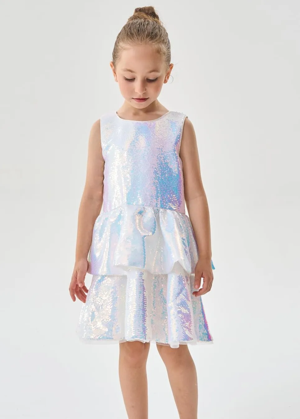 2Bunnies Girls' Shimmering Silver Tiered Sequin Dress