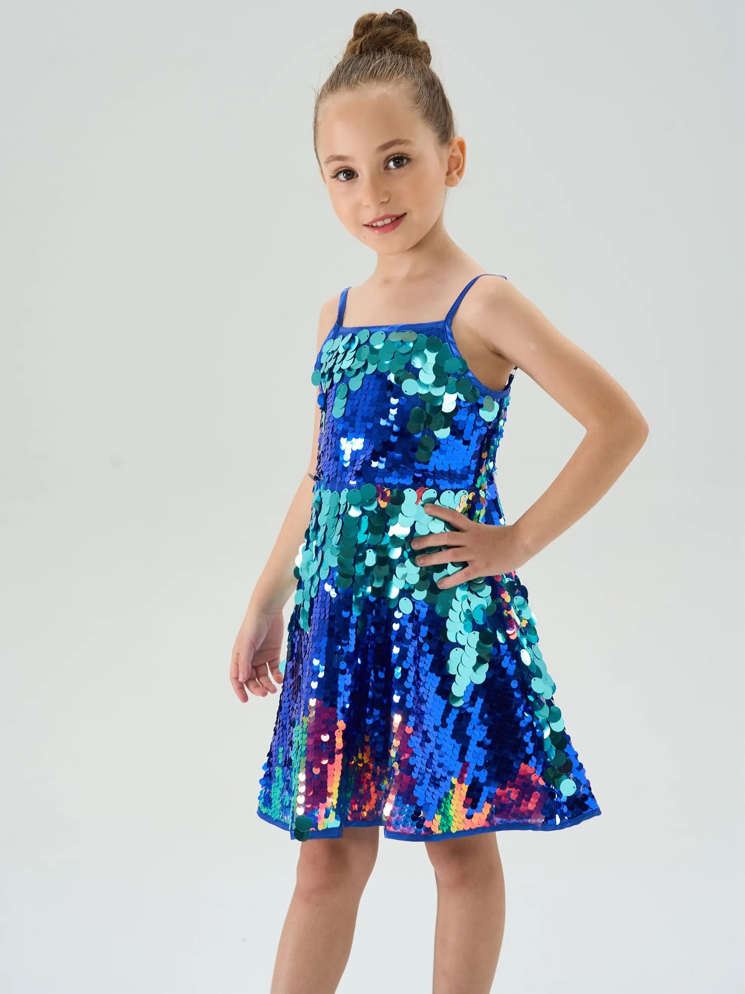 2Bunnies Girls' Shimmering Spaghetti Strap A-Line Sequin Dress