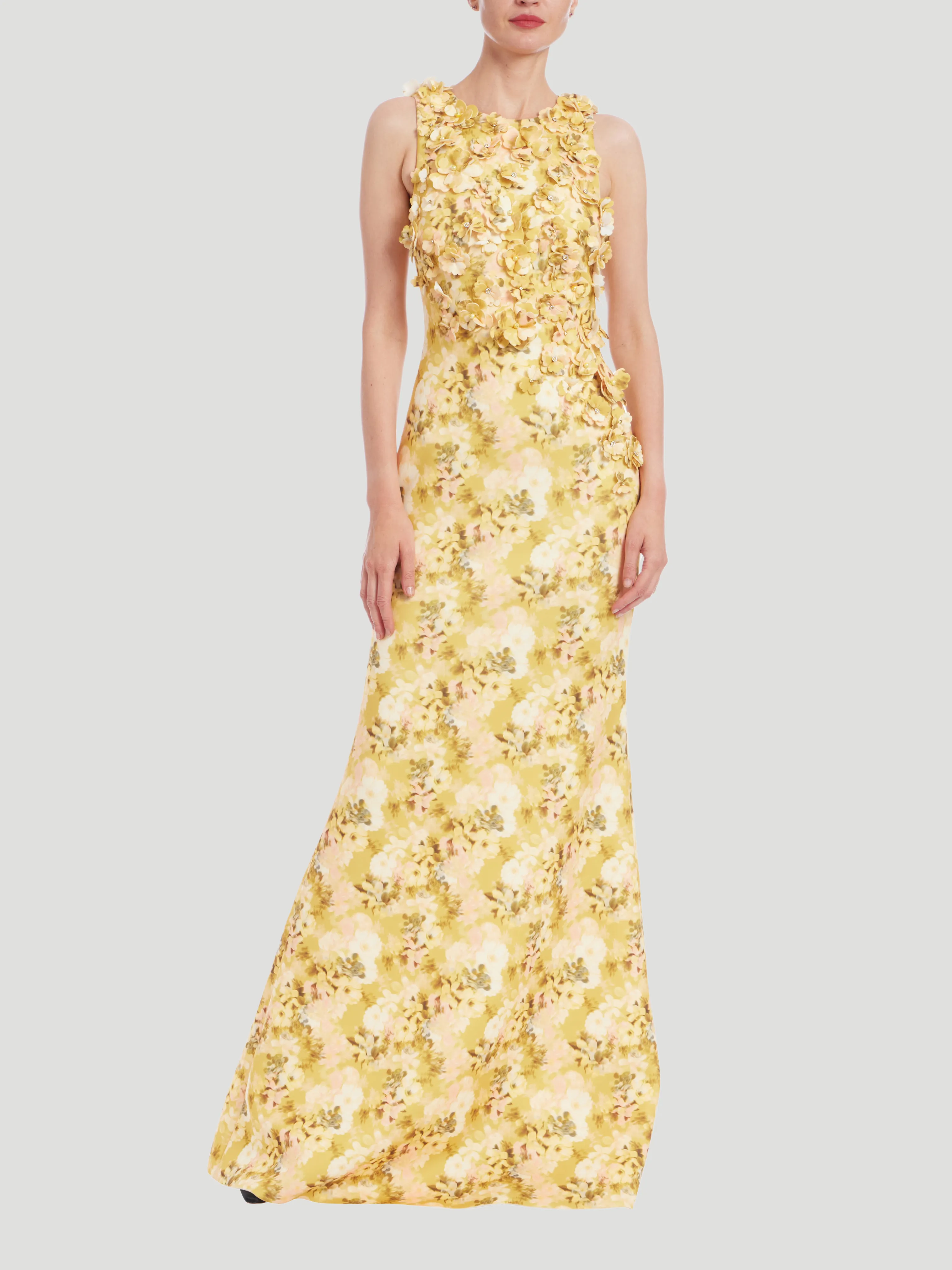 3D Applique Sleeveless Column Gown