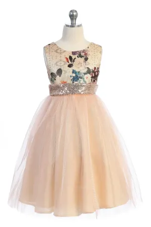 520 Vintage Floral Rose Gold Sequin Back V Dress