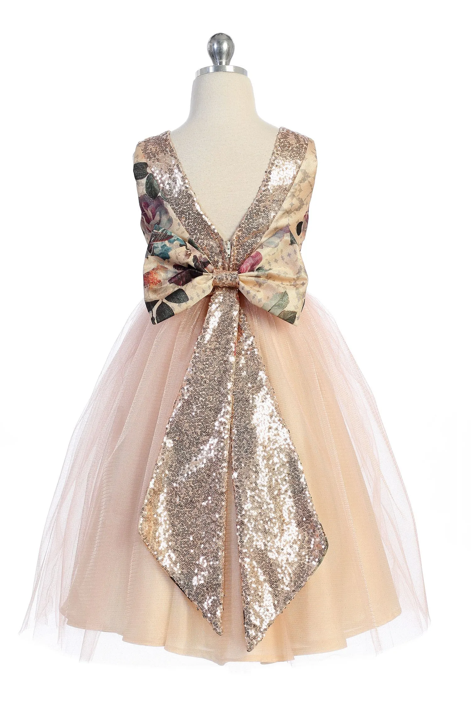 520 Vintage Floral Rose Gold Sequin Back V Dress