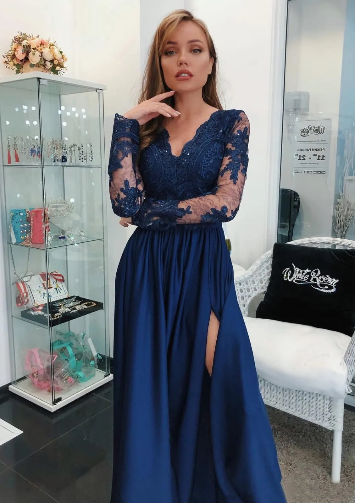 A-line V Neck Full Sleeve Slit Lace Long Charmeuse Navy Evening Dress