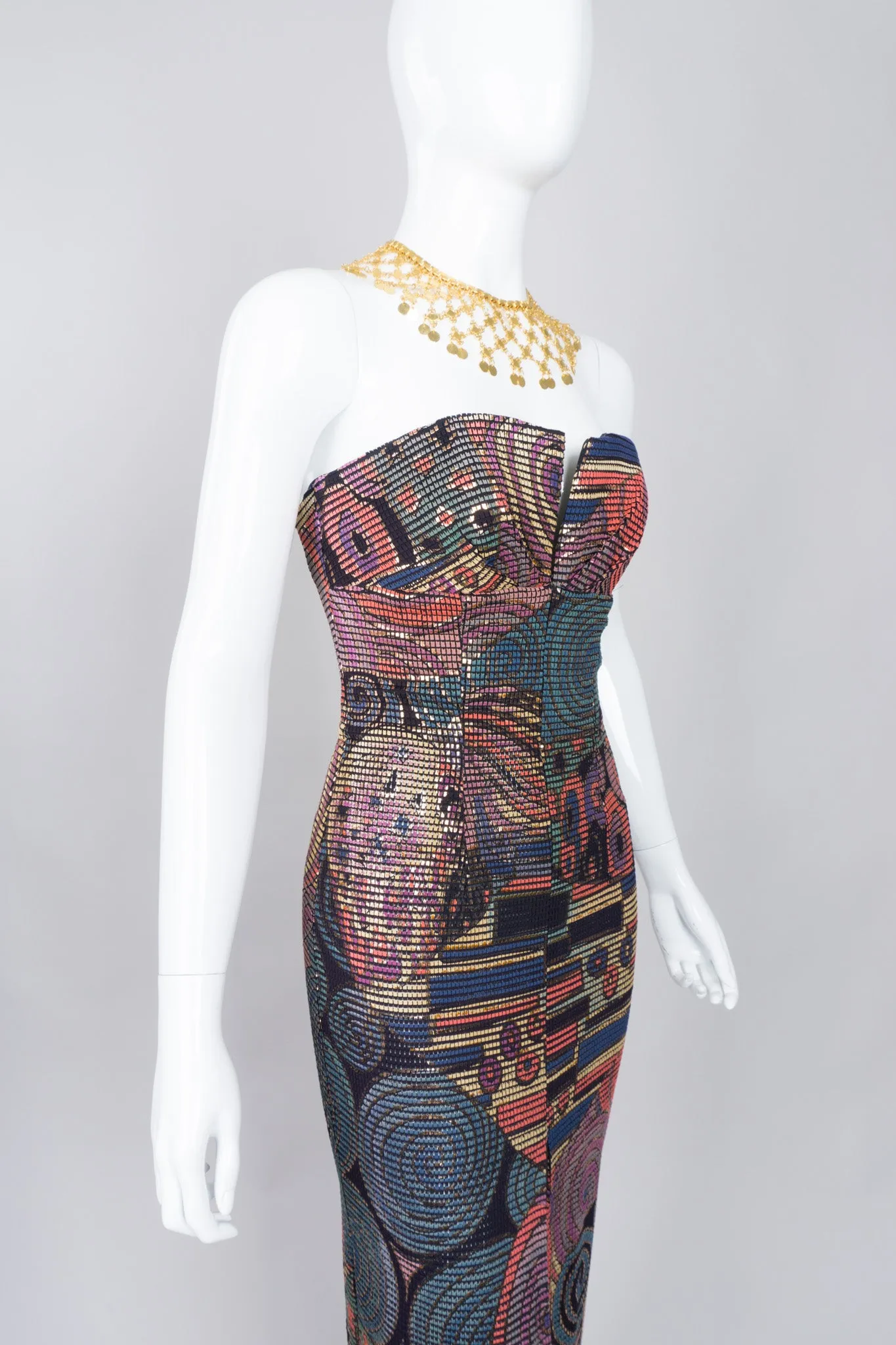 Abstract Mosaic Strapless Column Gown