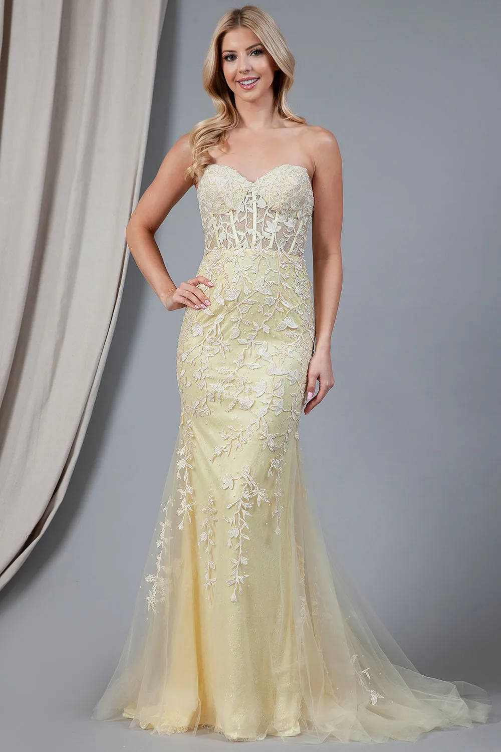 AC 7024 - Strapless Embroidered Fit & Flare Prom Gown with Sheer Boned Bodice & Lace Up Corset Back