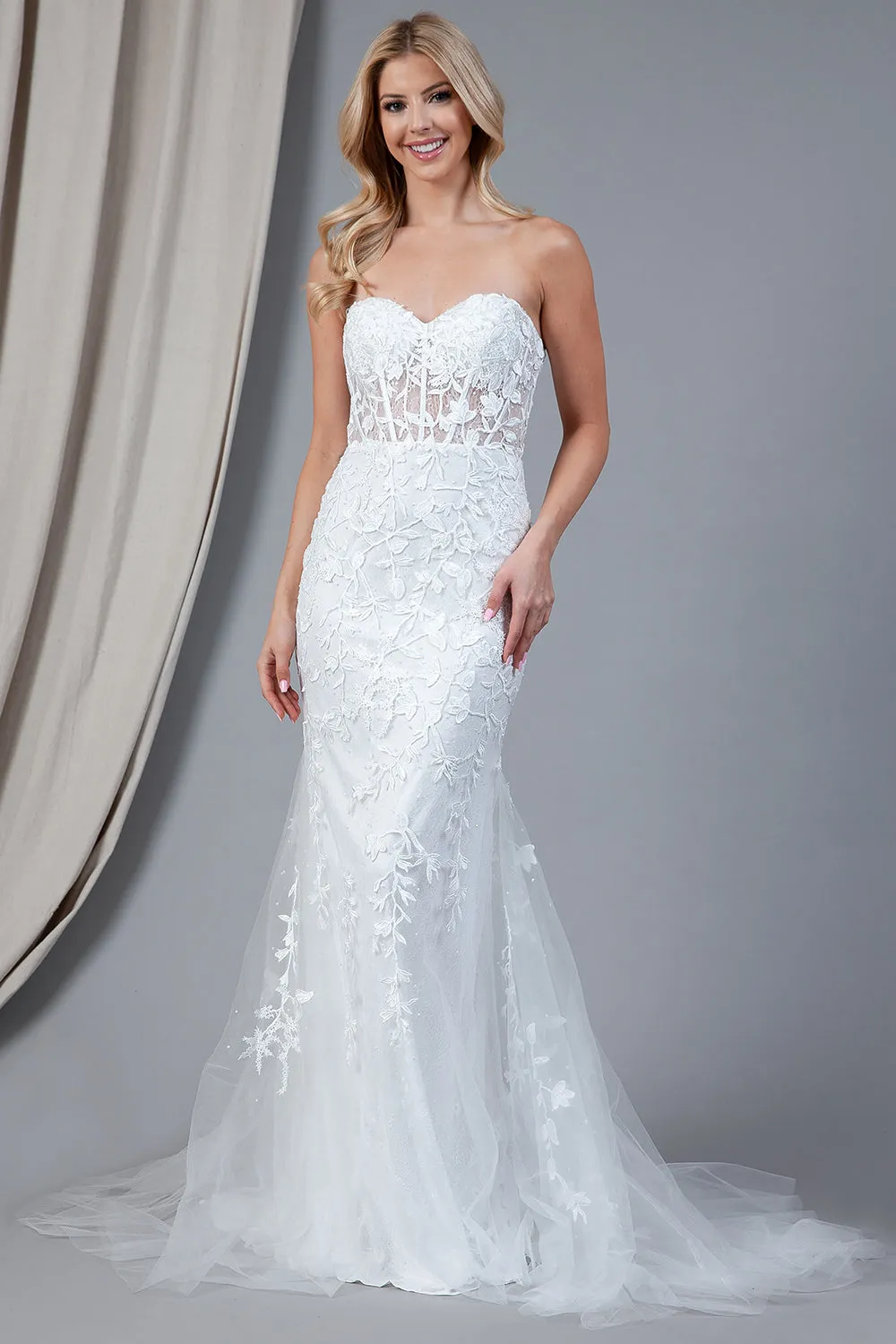 AC 7024 - Strapless Embroidered Fit & Flare Prom Gown with Sheer Boned Bodice & Lace Up Corset Back