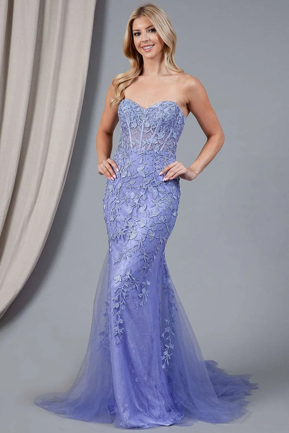 AC 7024 - Strapless Embroidered Fit & Flare Prom Gown with Sheer Boned Bodice & Lace Up Corset Back