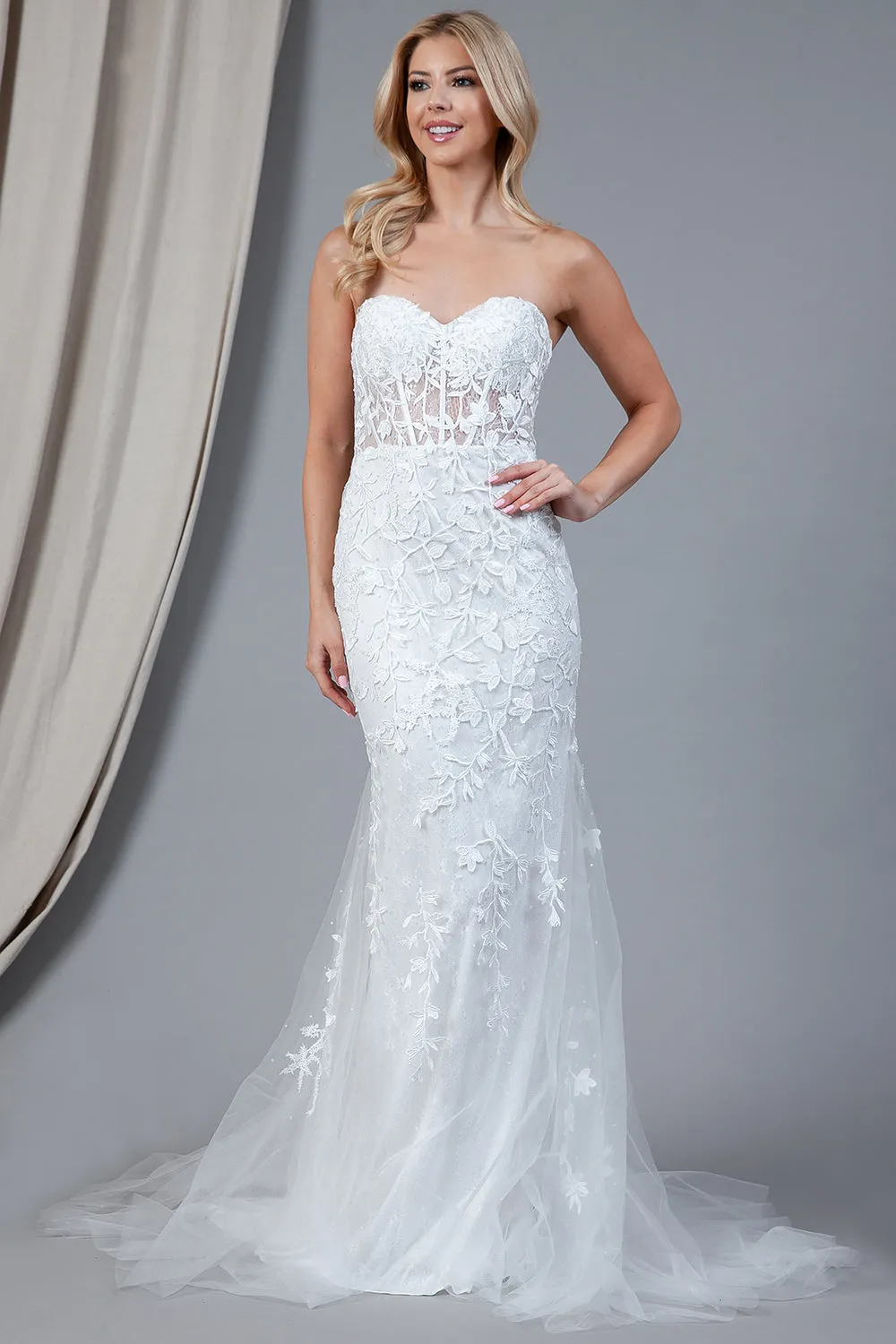 AC 7024 - Strapless Embroidered Fit & Flare Prom Gown with Sheer Boned Bodice & Lace Up Corset Back