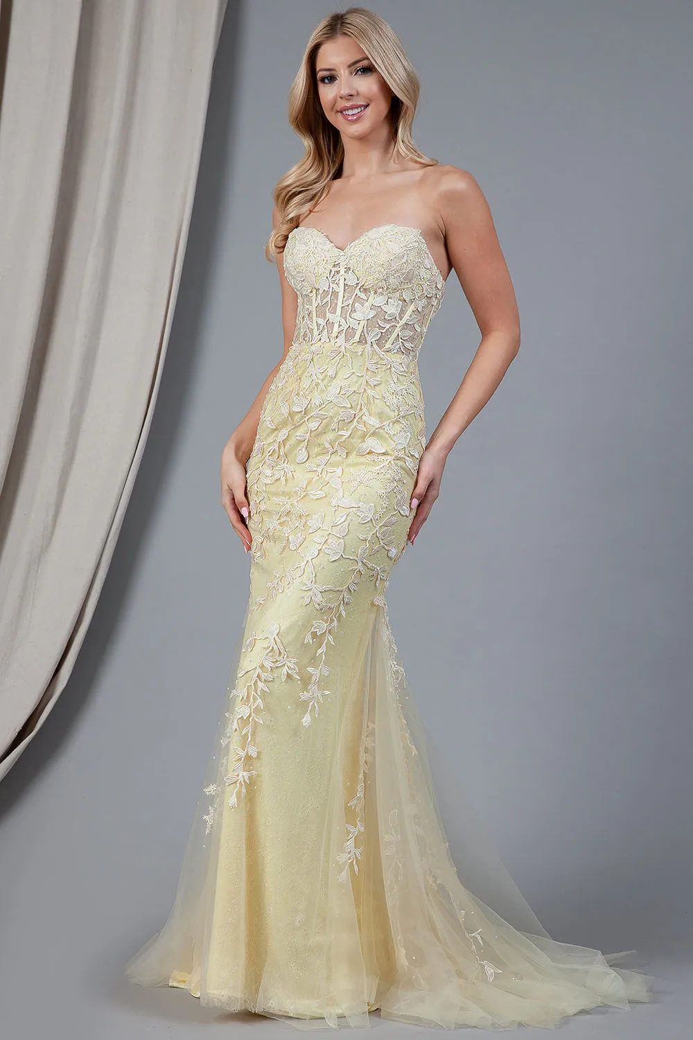 AC 7024 - Strapless Embroidered Fit & Flare Prom Gown with Sheer Boned Bodice & Lace Up Corset Back