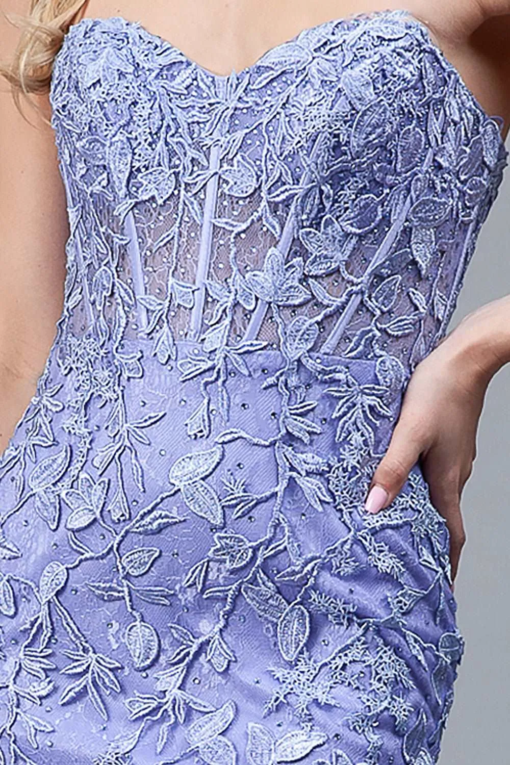 AC 7024 - Strapless Embroidered Fit & Flare Prom Gown with Sheer Boned Bodice & Lace Up Corset Back