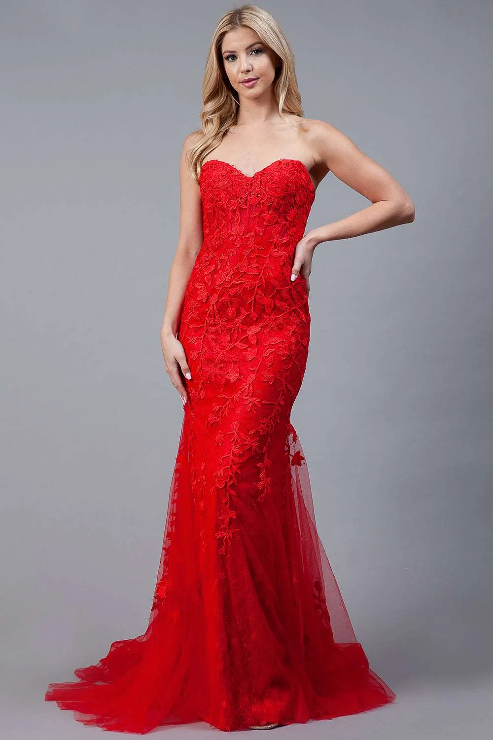 AC 7024 - Strapless Embroidered Fit & Flare Prom Gown with Sheer Boned Bodice & Lace Up Corset Back