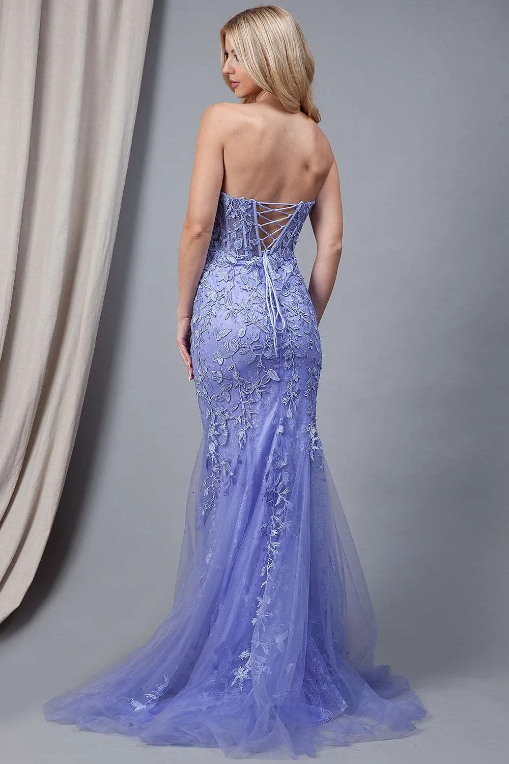 AC 7024 - Strapless Embroidered Fit & Flare Prom Gown with Sheer Boned Bodice & Lace Up Corset Back