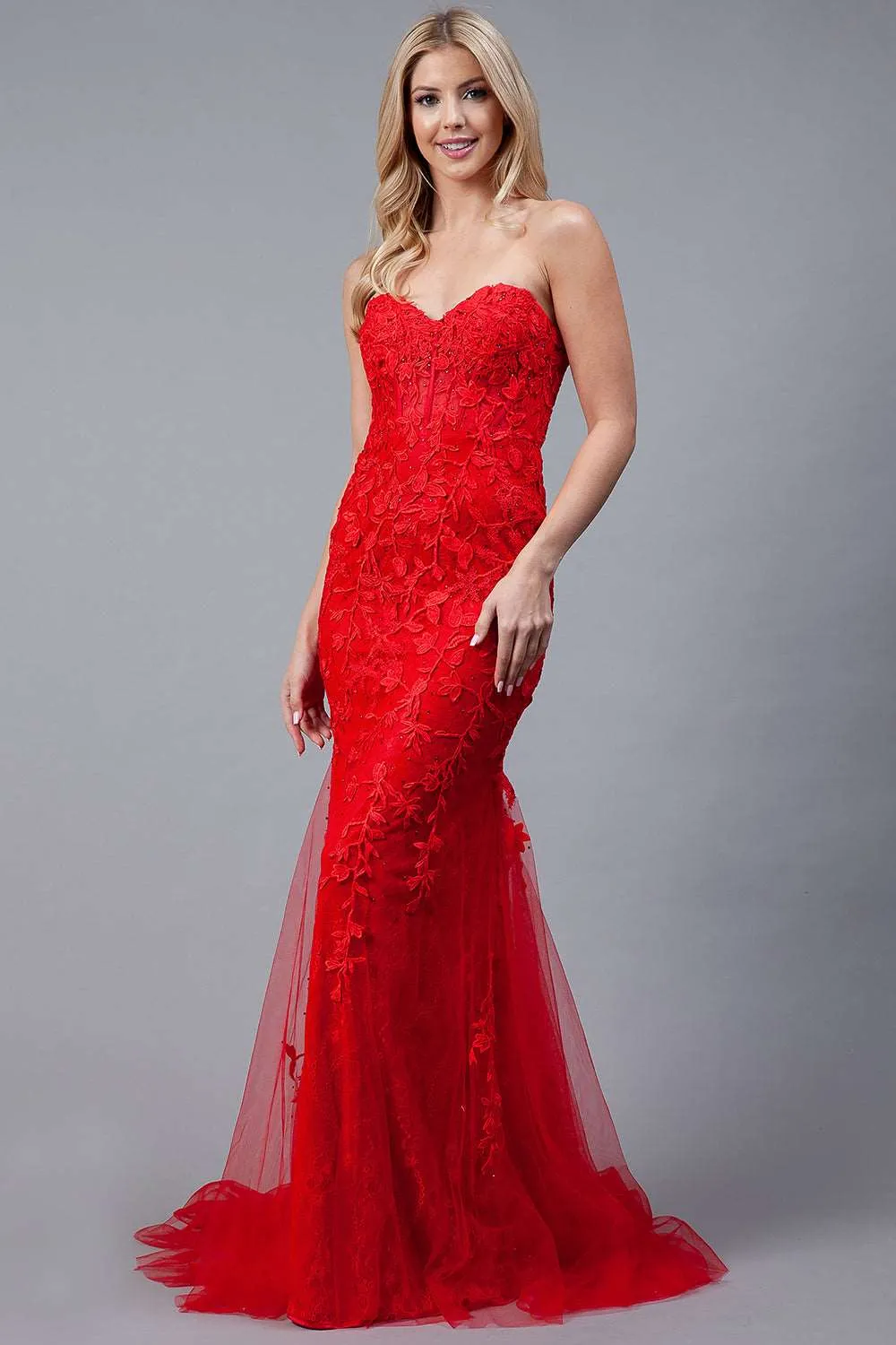 AC 7024 - Strapless Embroidered Fit & Flare Prom Gown with Sheer Boned Bodice & Lace Up Corset Back