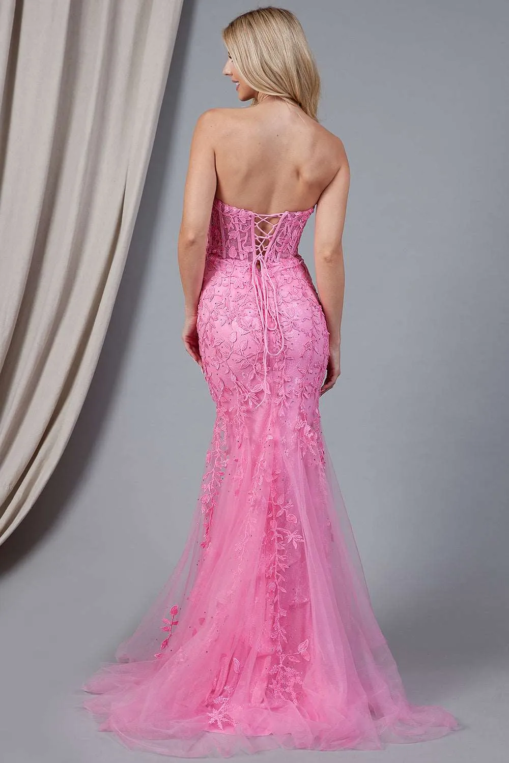 AC 7024 - Strapless Embroidered Fit & Flare Prom Gown with Sheer Boned Bodice & Lace Up Corset Back