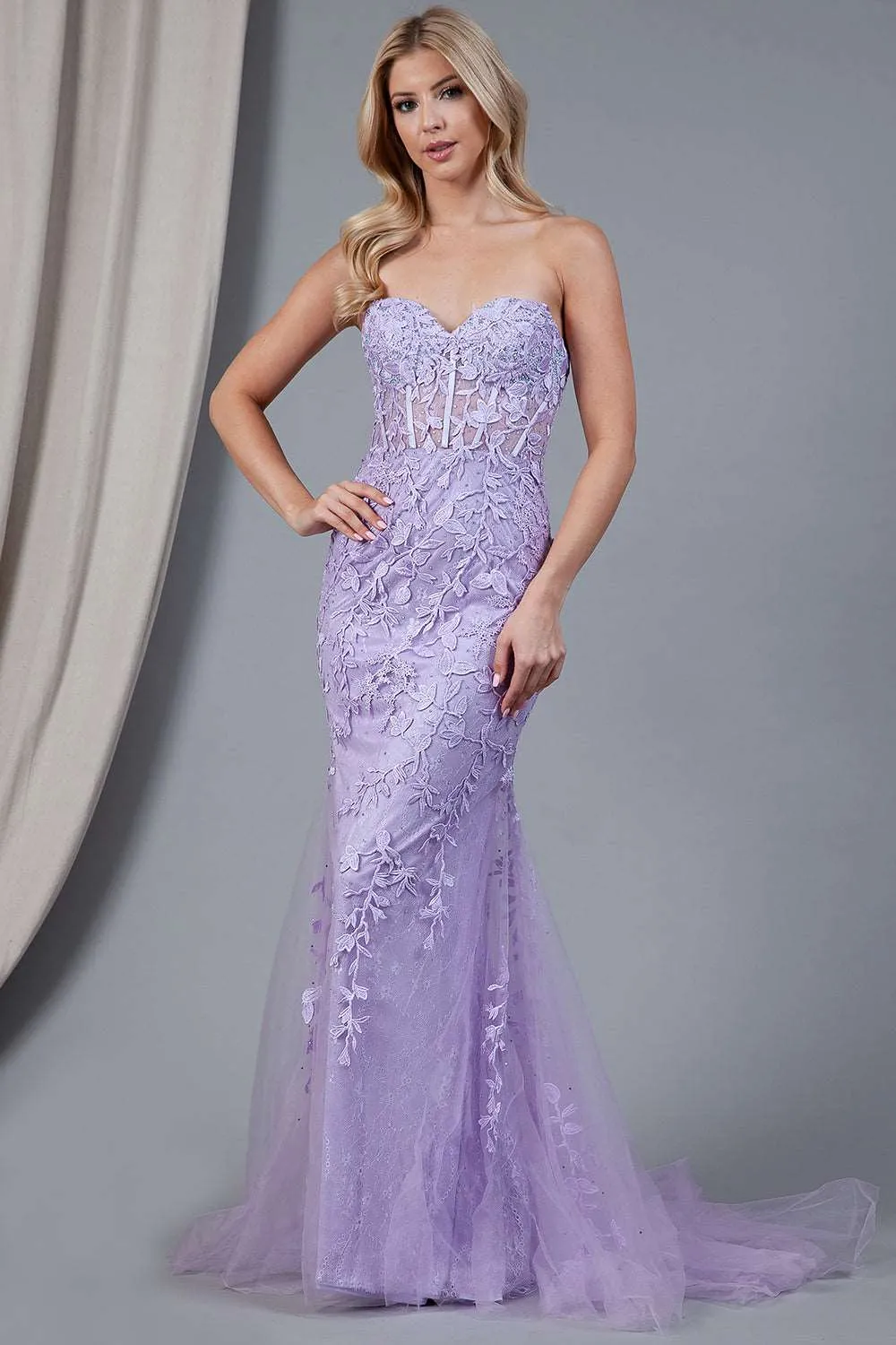 AC 7024 - Strapless Embroidered Fit & Flare Prom Gown with Sheer Boned Bodice & Lace Up Corset Back