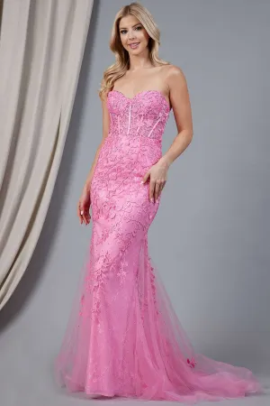 AC 7024 - Strapless Embroidered Fit & Flare Prom Gown with Sheer Boned Bodice & Lace Up Corset Back