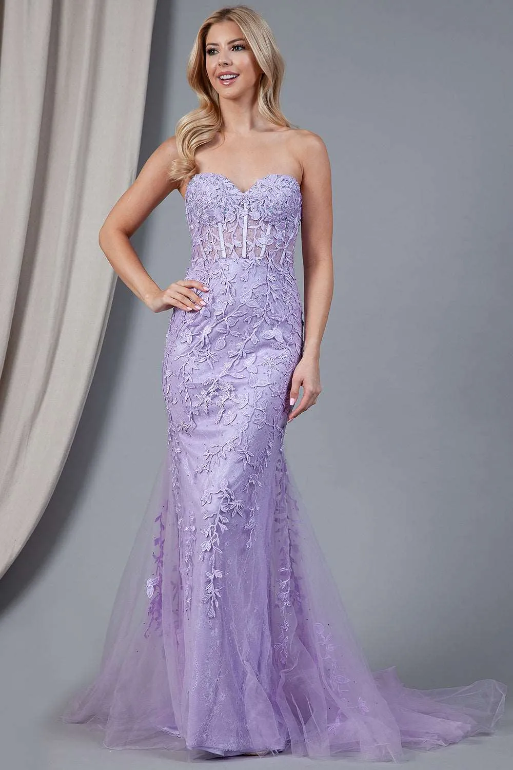 AC 7024 - Strapless Embroidered Fit & Flare Prom Gown with Sheer Boned Bodice & Lace Up Corset Back