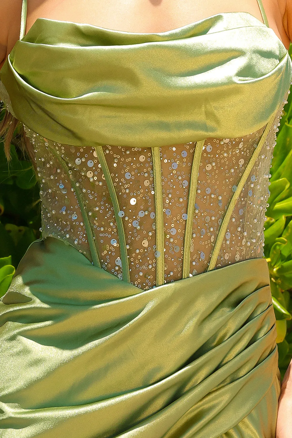 AC BZ020 - Satin Cowl Neckline A-Line Prom Gown With Sequin Lace Up Boned Bodice & Leg Slit