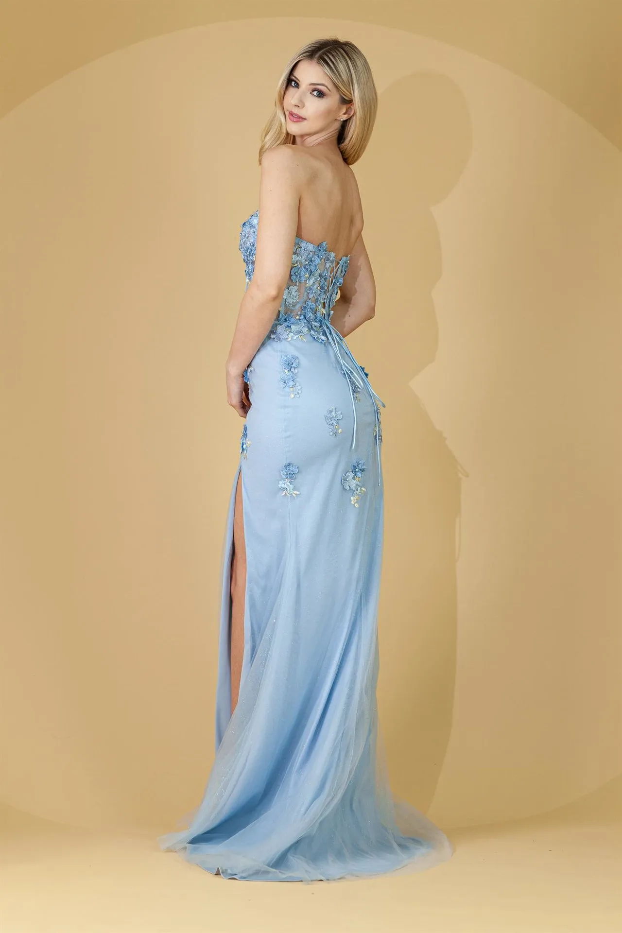 AC BZ9019 - 3D Floral Embellished Stretch Jersey Fit & Flare Prom Gown with Sheer Boned Bodice Open Lace Up Corset Back & Leg Slit