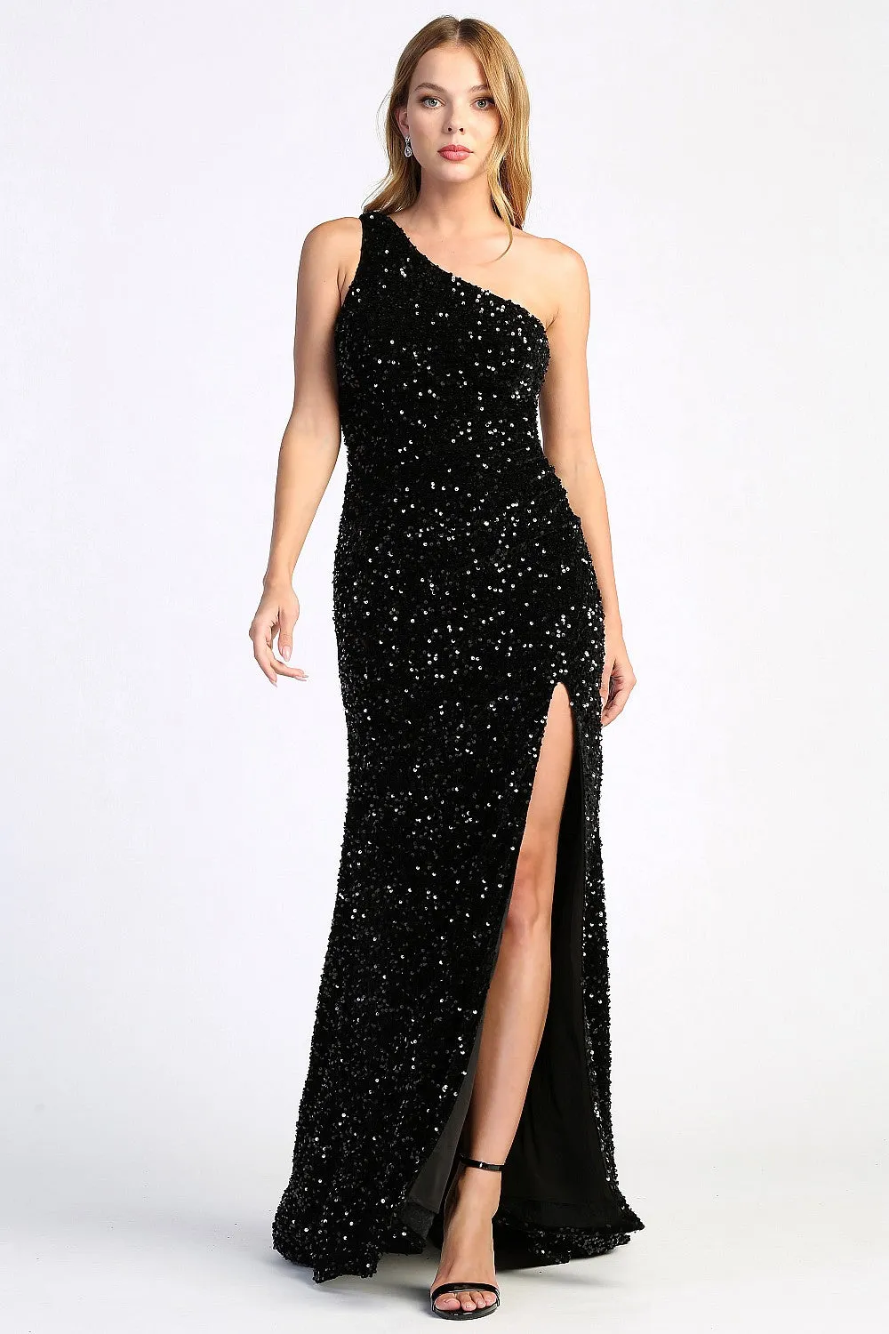 AD 3067 - Full Sequin Velvet One Shoulder Fit & Flare Prom Gown with Leg Slit & Open Back