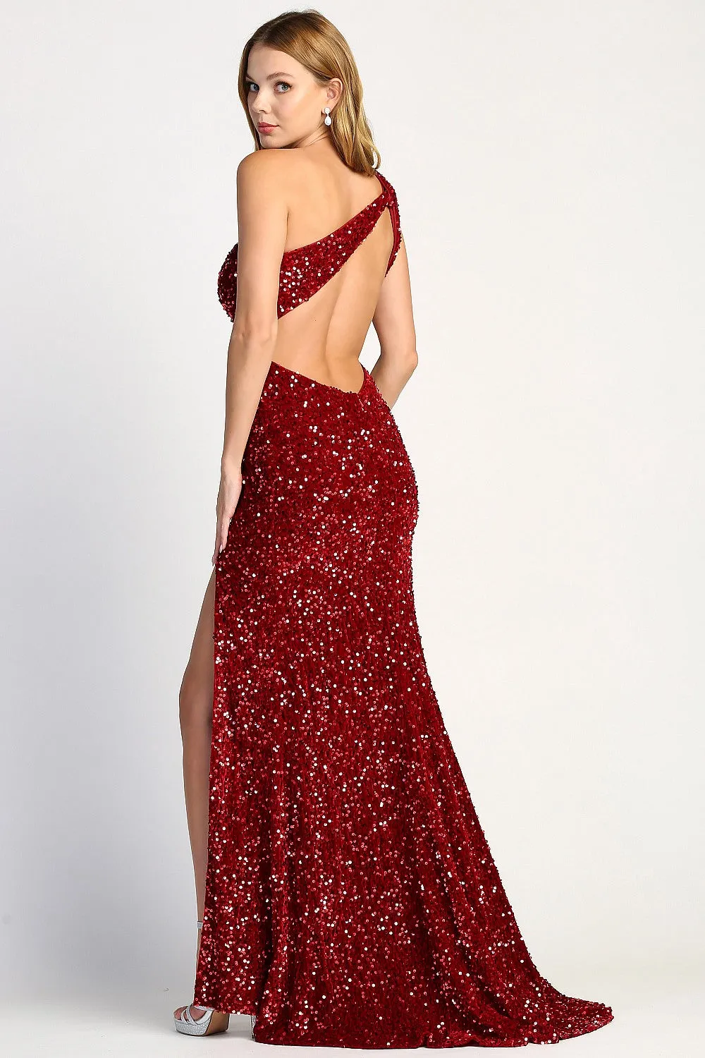 AD 3067 - Full Sequin Velvet One Shoulder Fit & Flare Prom Gown with Leg Slit & Open Back