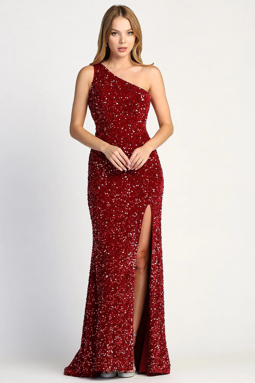 AD 3067 - Full Sequin Velvet One Shoulder Fit & Flare Prom Gown with Leg Slit & Open Back