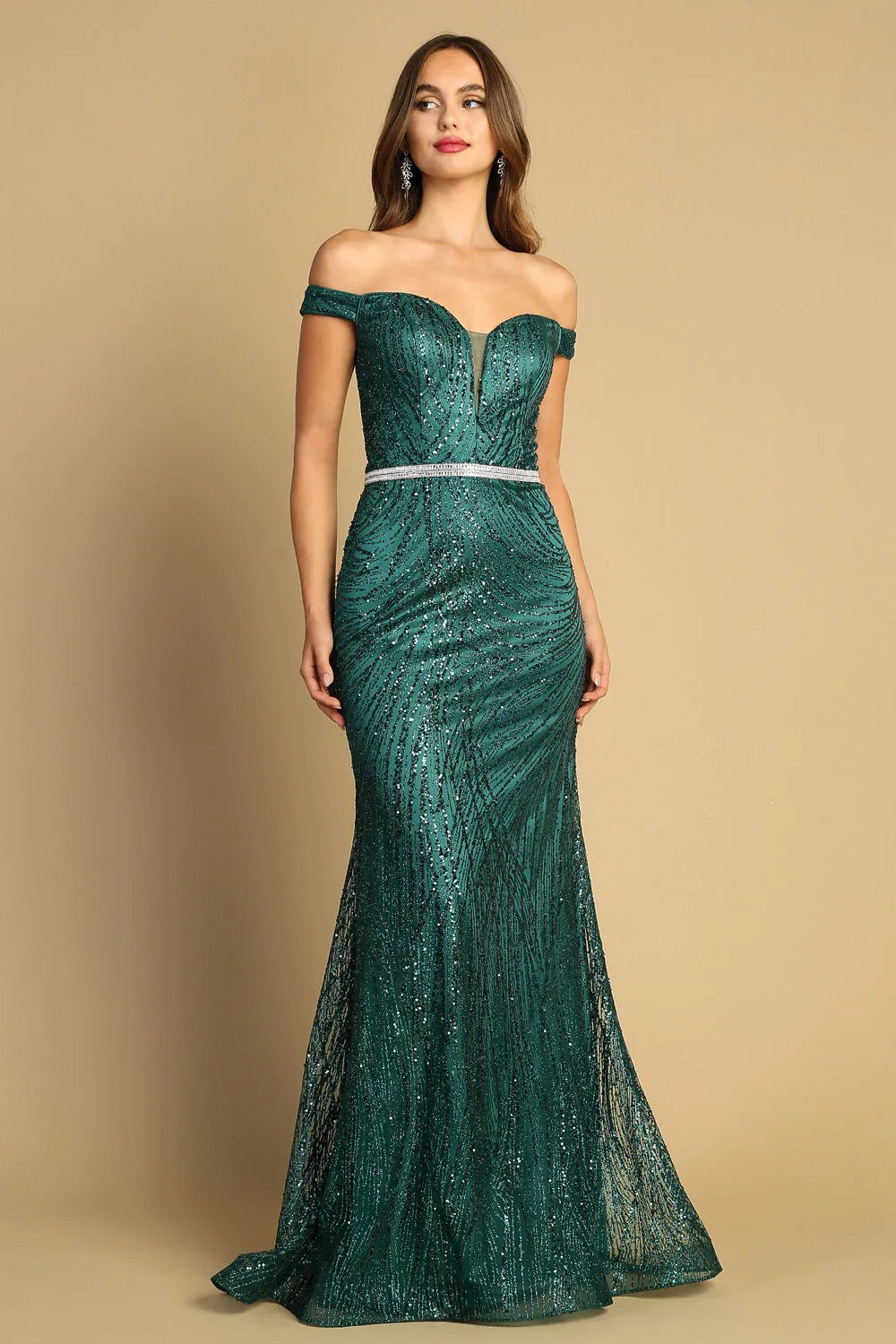 AD 3093 - Off The Shoulder Fit & Flare Prom Gown With Sweetheart Neck & Crystal Belt