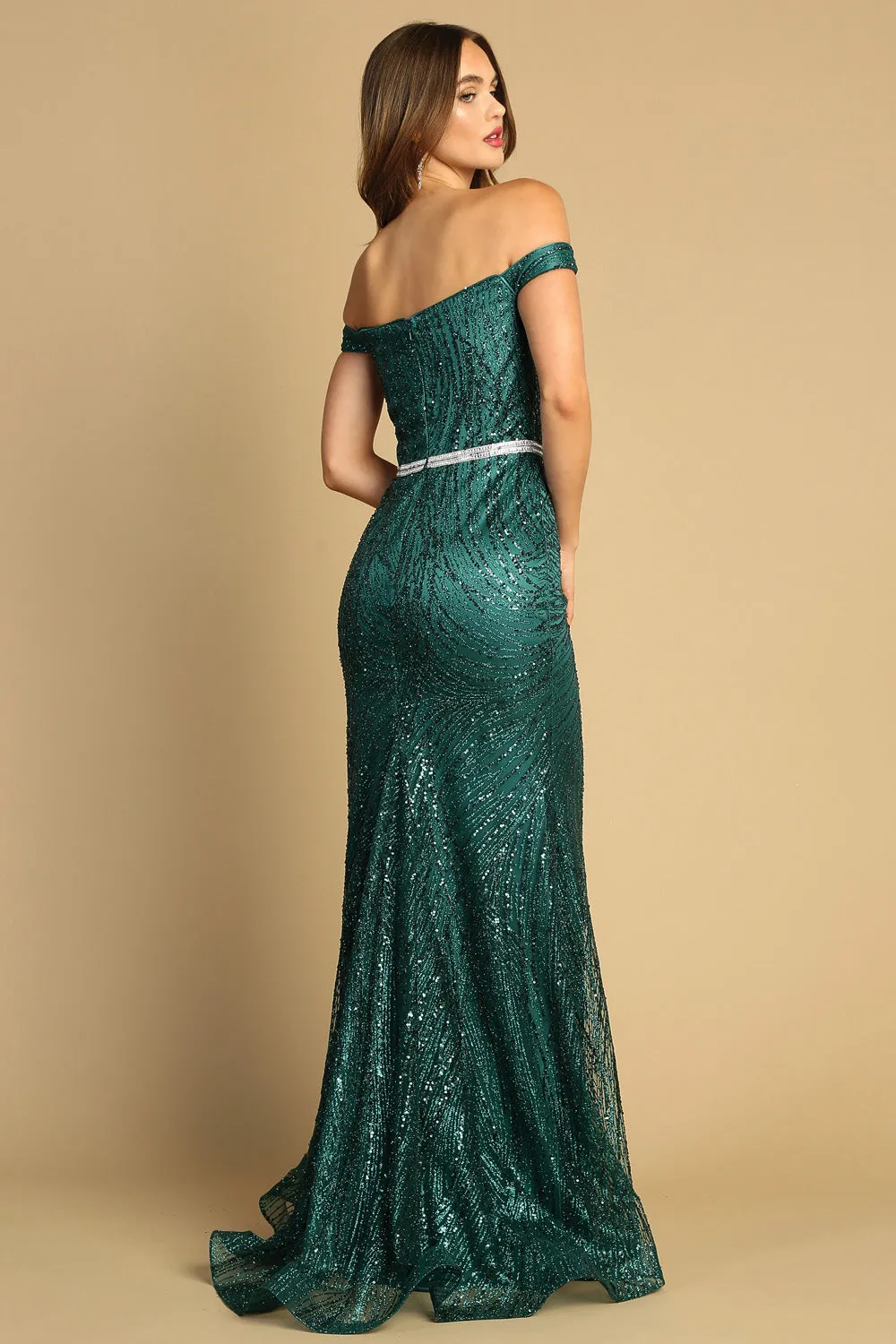 AD 3093 - Off The Shoulder Fit & Flare Prom Gown With Sweetheart Neck & Crystal Belt