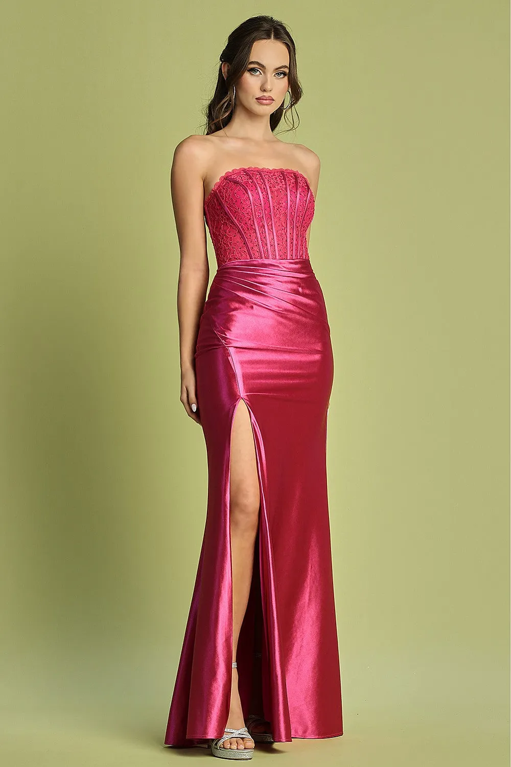 AD 3184 - Stretch Satin Fit & Flare Prom Gown with Sheer Lace Embellished Boned Corset Bodice Leg Slit & Lace Up Back