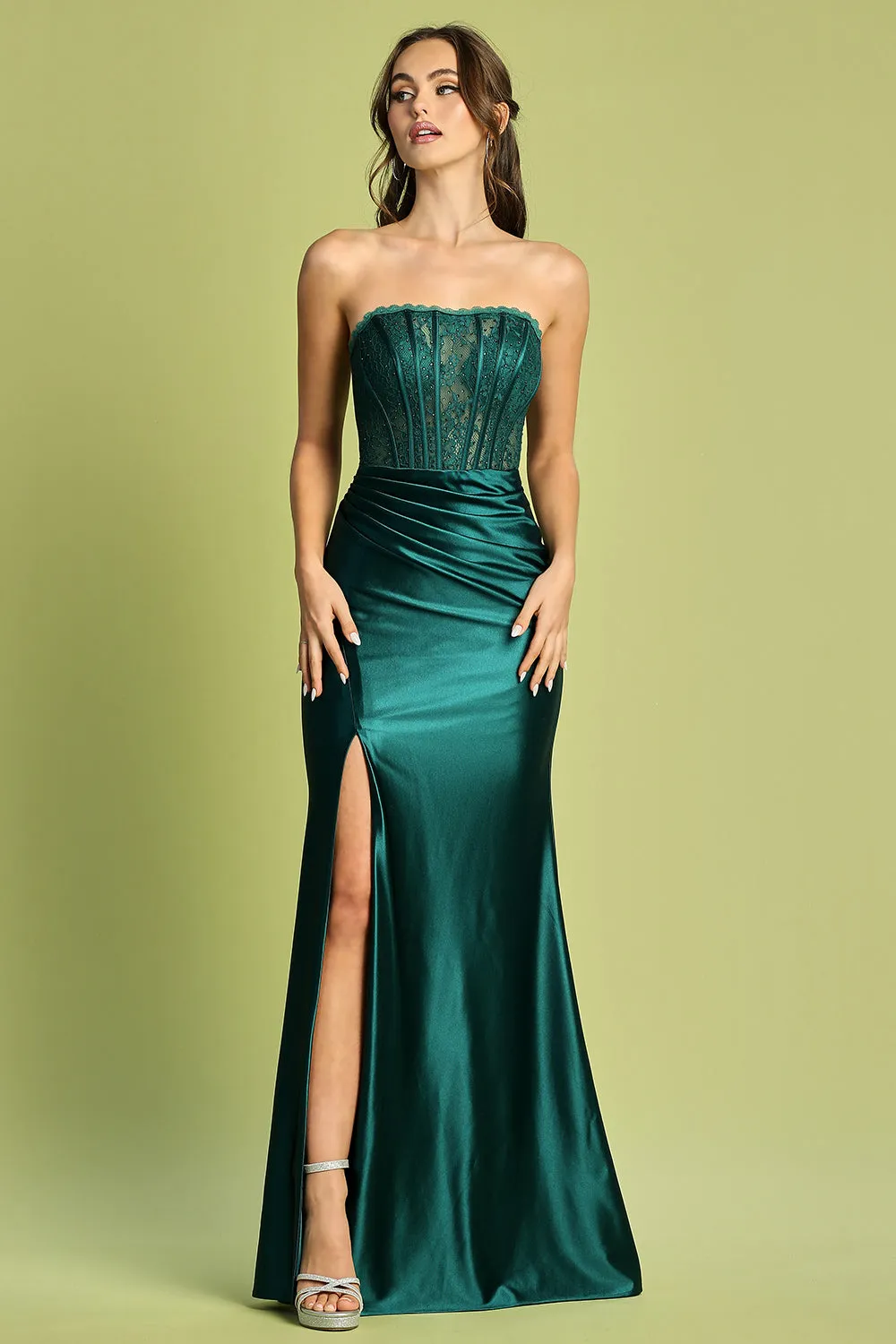 AD 3184 - Stretch Satin Fit & Flare Prom Gown with Sheer Lace Embellished Boned Corset Bodice Leg Slit & Lace Up Back