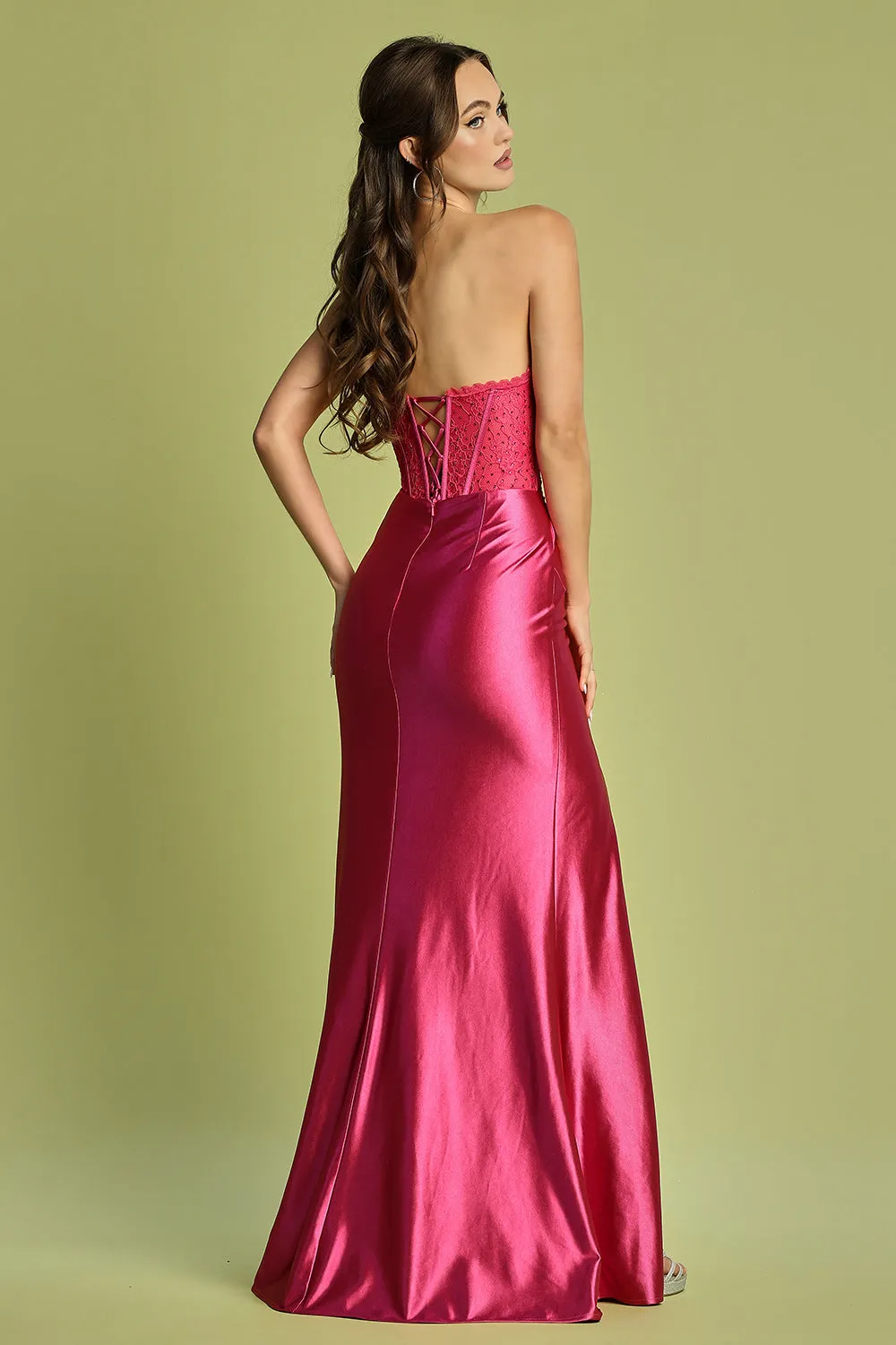 AD 3184 - Stretch Satin Fit & Flare Prom Gown with Sheer Lace Embellished Boned Corset Bodice Leg Slit & Lace Up Back