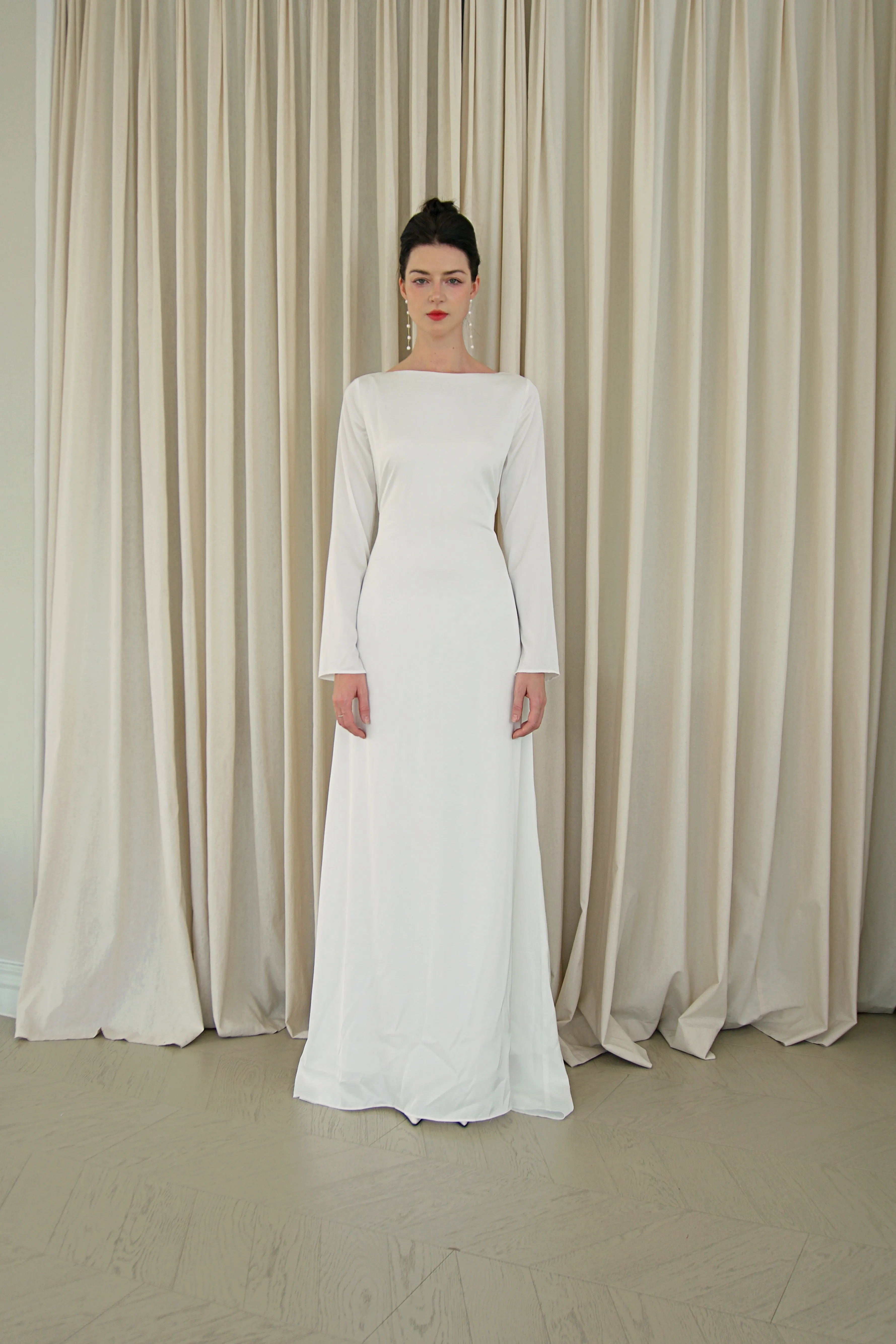 Adeline Boatneck Open Back with Bow Satin Gown with Train
