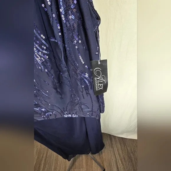 Alex Evenings Plus Tea-Length Firework Sequin Dress Size 20 W NWT Navy Blue