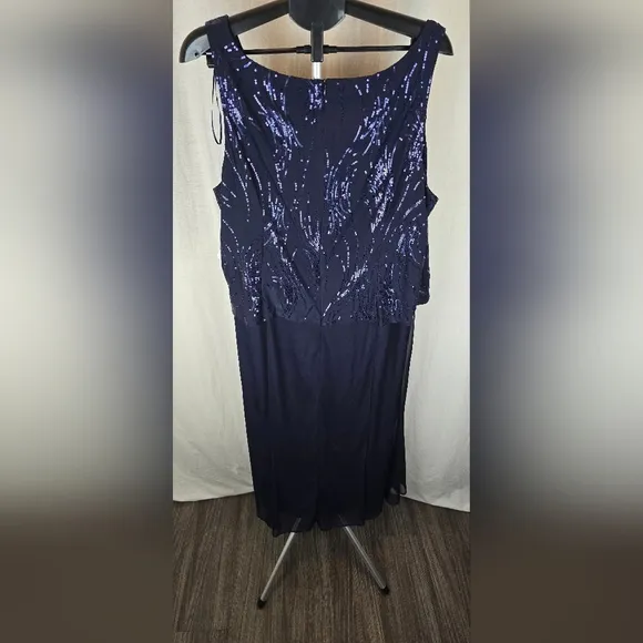 Alex Evenings Plus Tea-Length Firework Sequin Dress Size 20 W NWT Navy Blue