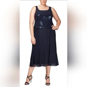 Alex Evenings Plus Tea-Length Firework Sequin Dress Size 20 W NWT Navy Blue