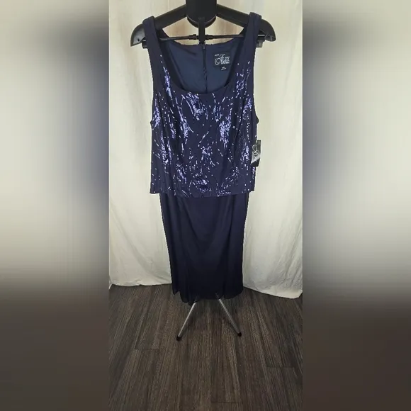 Alex Evenings Plus Tea-Length Firework Sequin Dress Size 20 W NWT Navy Blue