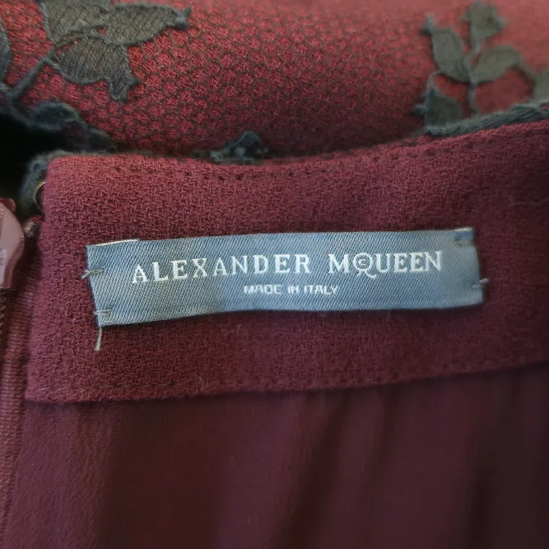 Alexander McQueen Lace Mini Peplum Dress Burgundy Crepe Size 42