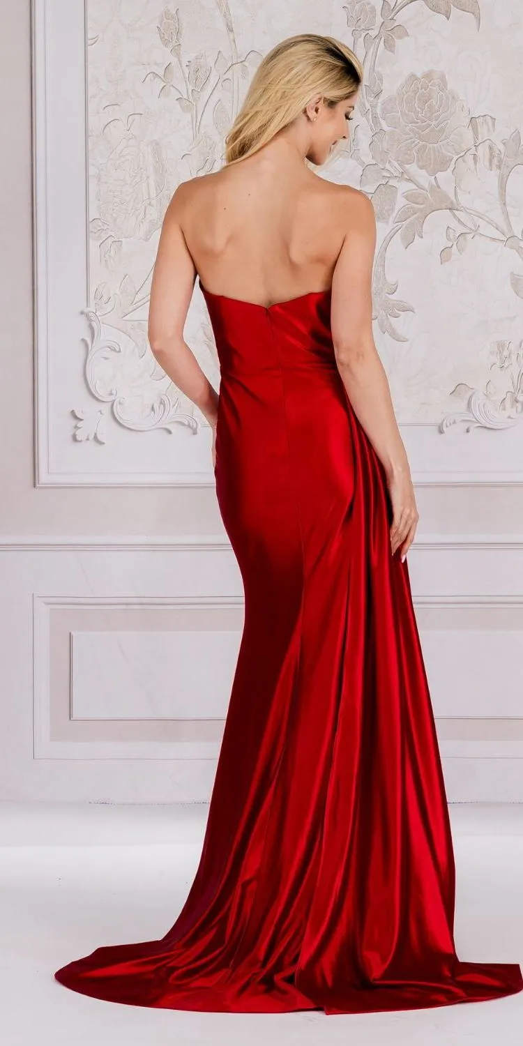 Amelia Couture BZ032 Long Fit and Flare Strapless High Slit Side Sash Dress