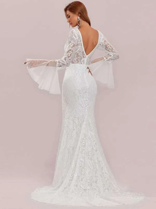 Amelia full lace low back boho wedding dress with sleeves and train in ivory