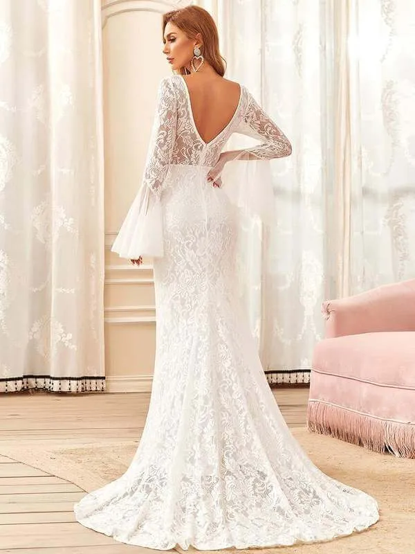 Amelia full lace low back boho wedding dress with sleeves and train in ivory
