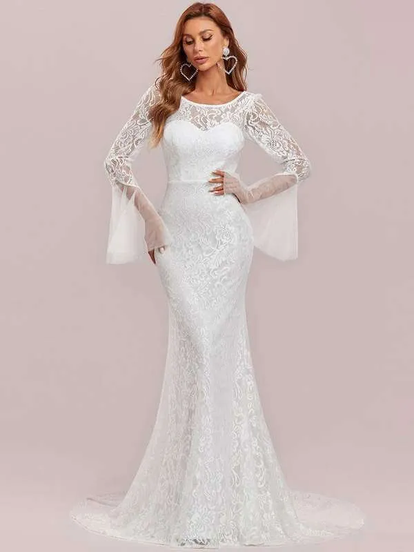Amelia full lace low back boho wedding dress with sleeves and train in ivory