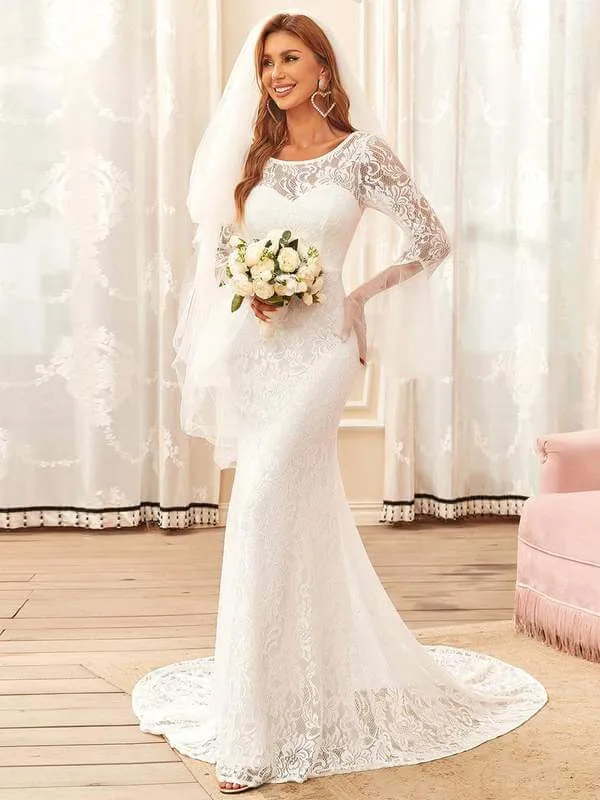 Amelia full lace low back boho wedding dress with sleeves and train in ivory