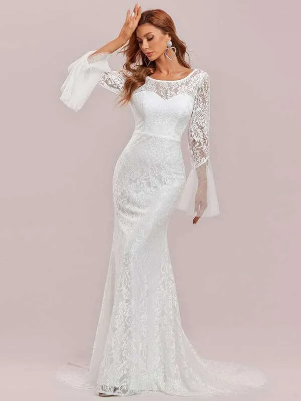 Amelia full lace low back boho wedding dress with sleeves and train in ivory