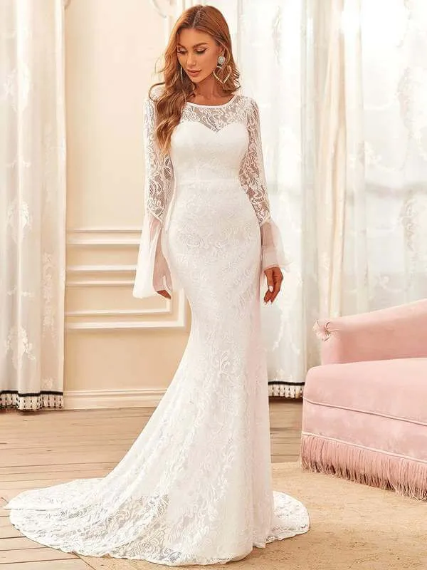 Amelia full lace low back boho wedding dress with sleeves and train in ivory