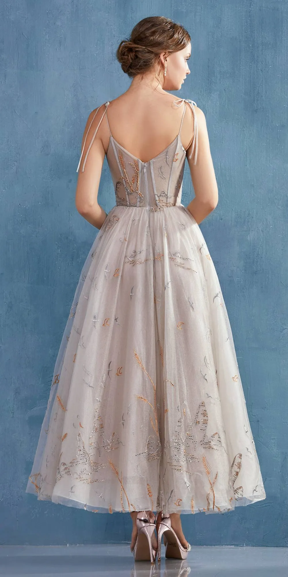 Andrea & Leo A0987 Emilia Lake Birds Embroidered Tea Length Dress