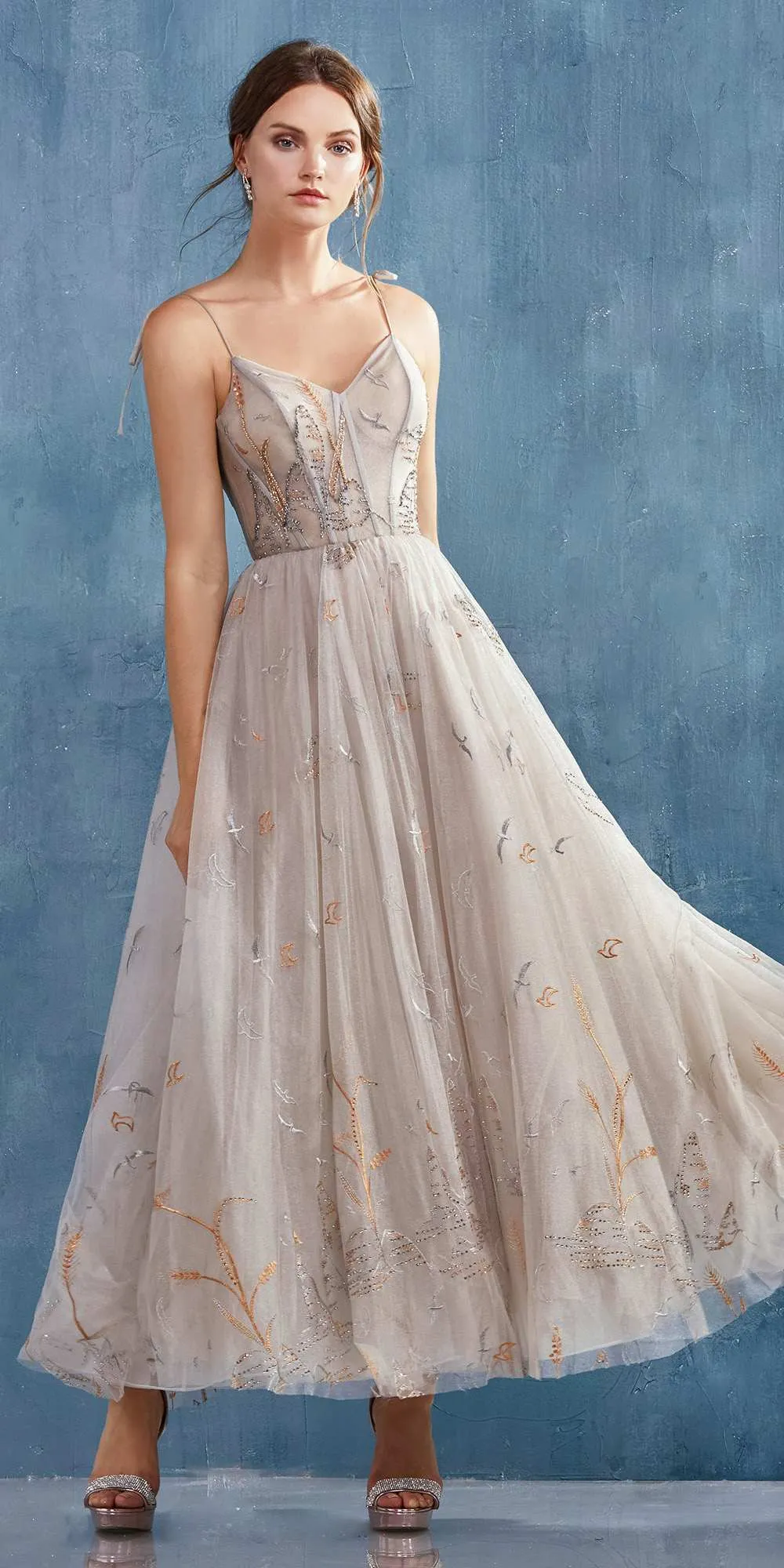 Andrea & Leo A0987 Emilia Lake Birds Embroidered Tea Length Dress