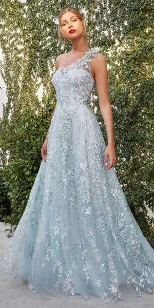 Andrea & Leo A0989 One-Shoulder A-Line Long Dress with Appliques