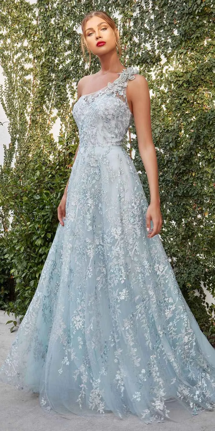 Andrea & Leo A0989 One-Shoulder A-Line Long Dress with Appliques