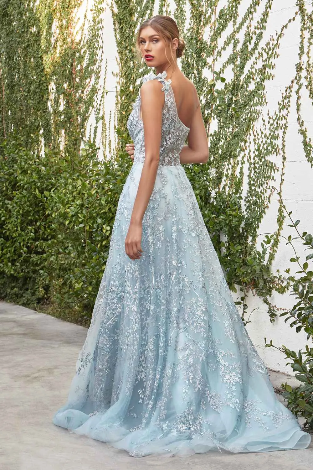 Andrea & Leo A0989 One-Shoulder A-Line Long Dress with Appliques