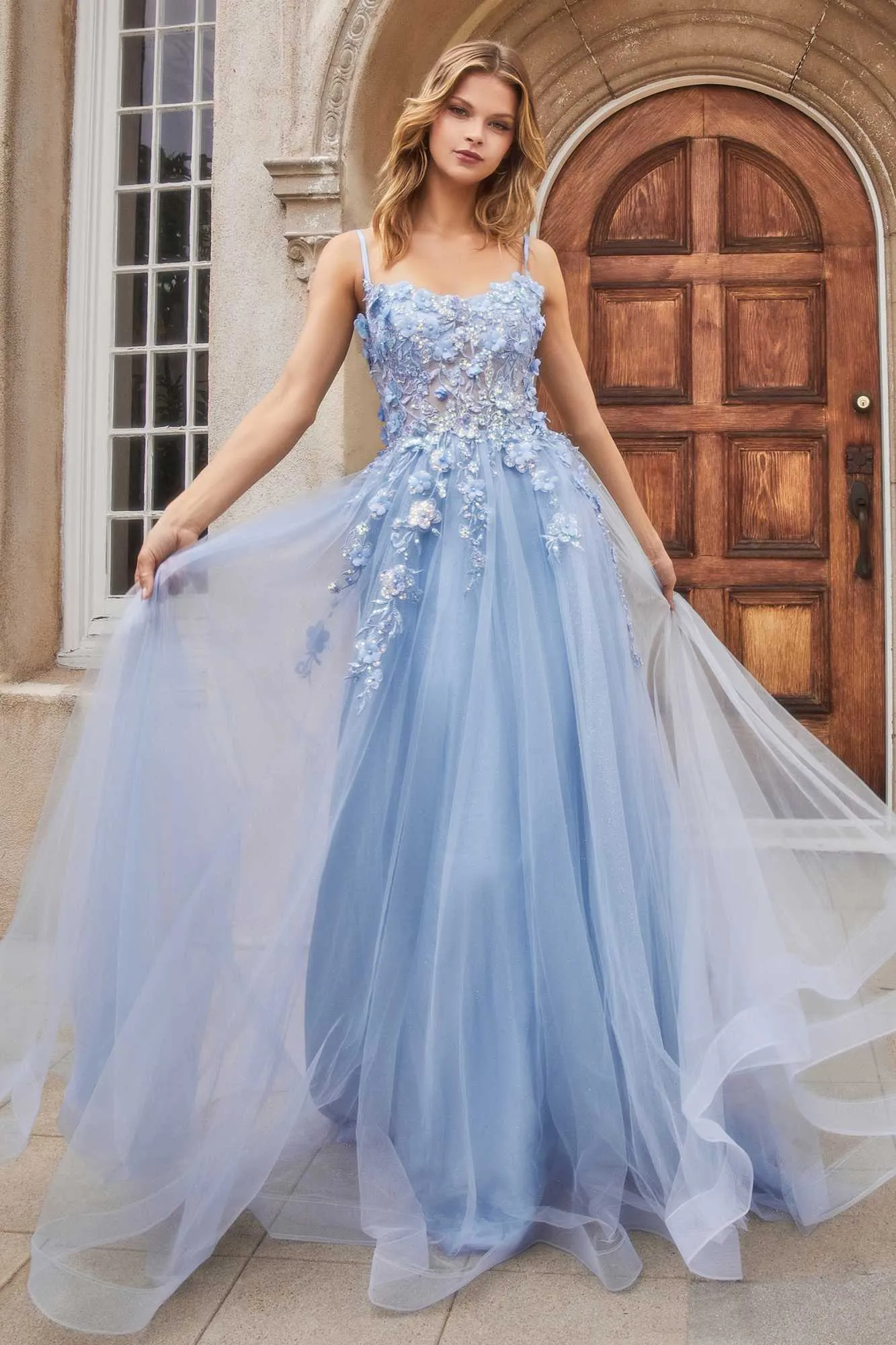 Andrea & Leo A1142 Floor Length Floral Applique A-Line Tulle Gown