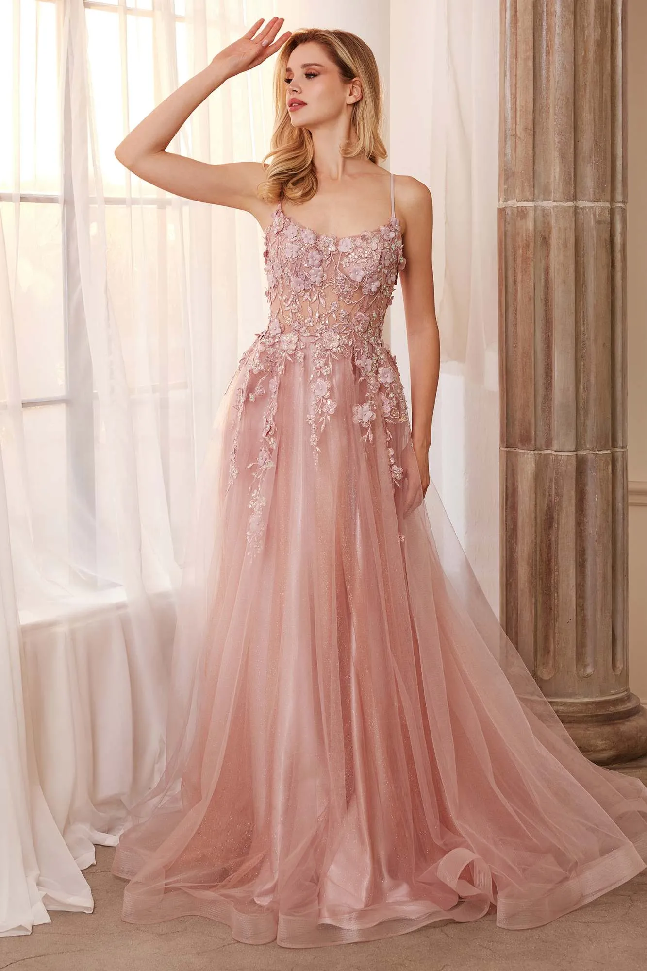 Andrea & Leo A1142 Floor Length Floral Applique A-Line Tulle Gown